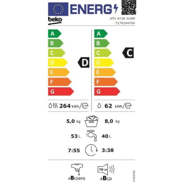 Beko HTV8736XC0M mosó-szárítógép